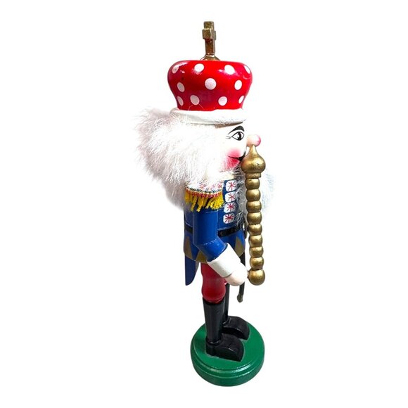Vintage Wooden Nutcracker Toy Soldier King Figurine Red Polka Dot Hat Gold Staff - Picture 9 of 9